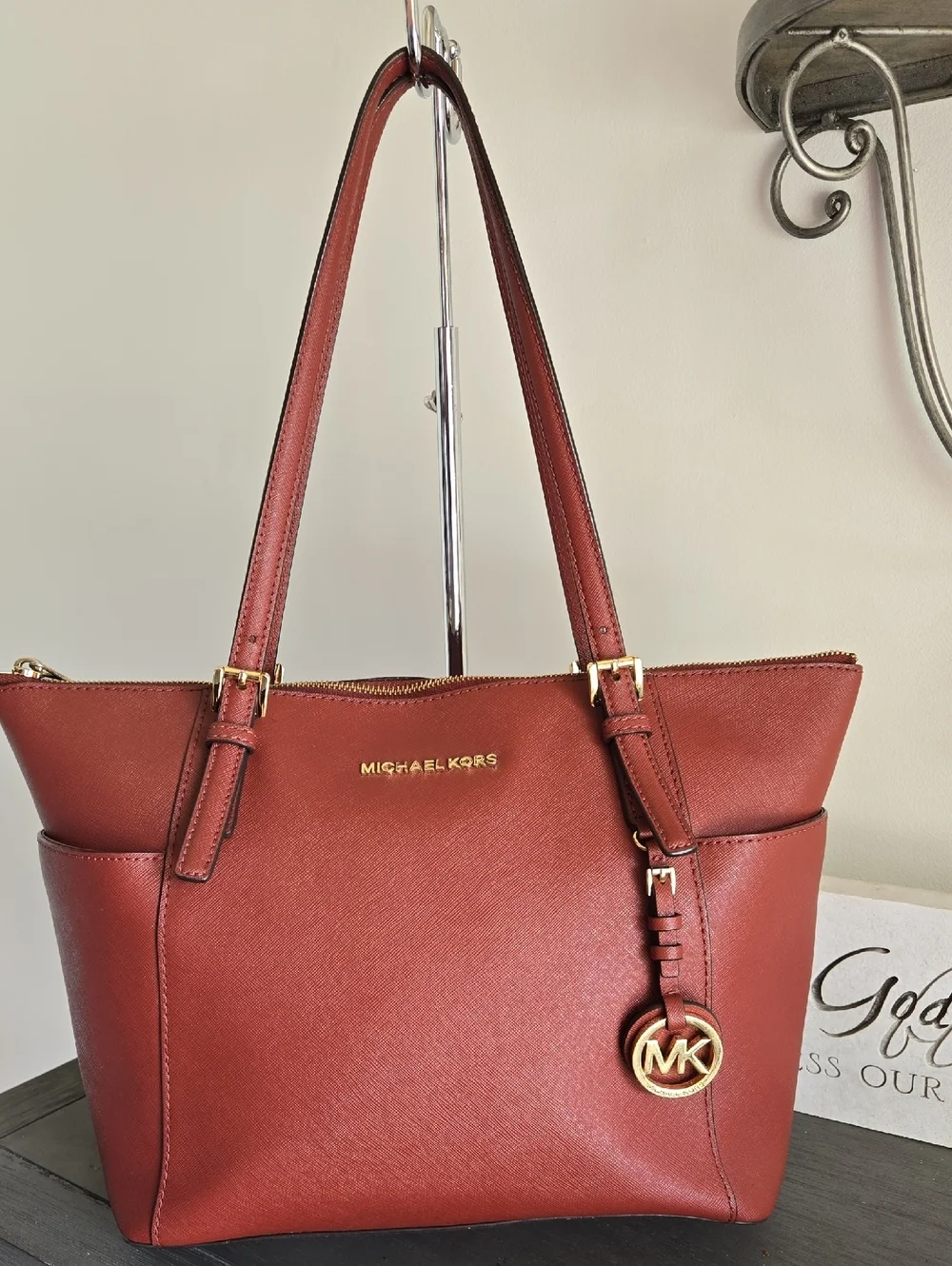 Michael Kors Jet Set  Brick Red Saffiano Leather Tote with Gold MK Charm